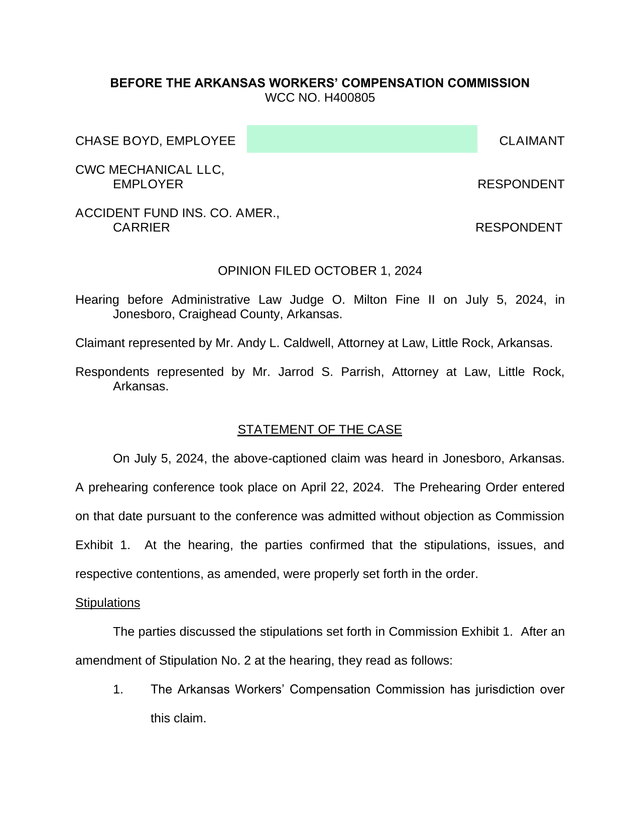 Workers Compensation Claim   Chase Boyd V. CWC Mechanical LLC screenshot