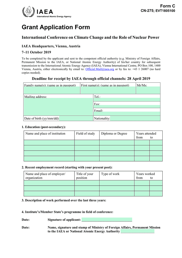 International Atomic Energy Agency Grant Application Form screenshot