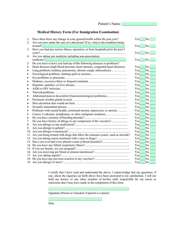 Medical History Form (For Immigration Examination) screenshot