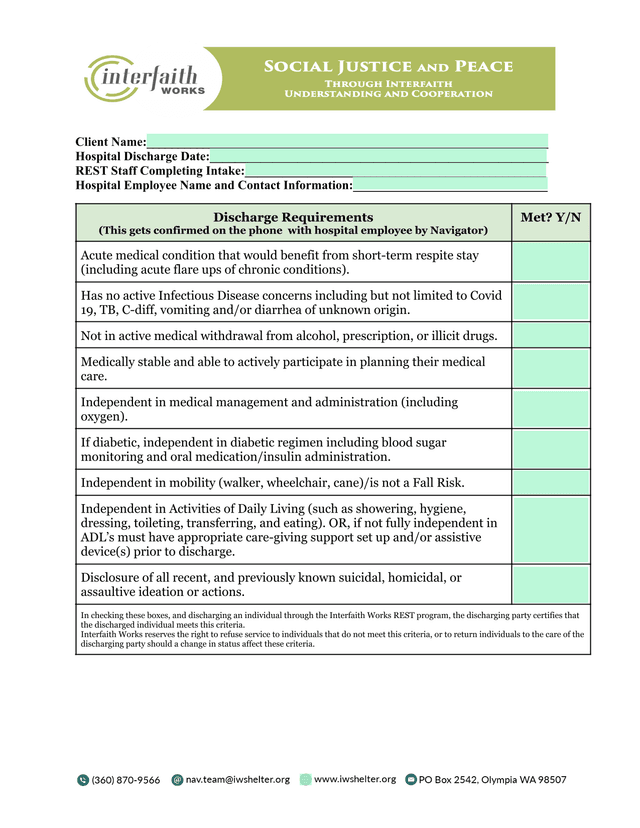 Hospital Discharge Intake Form screenshot
