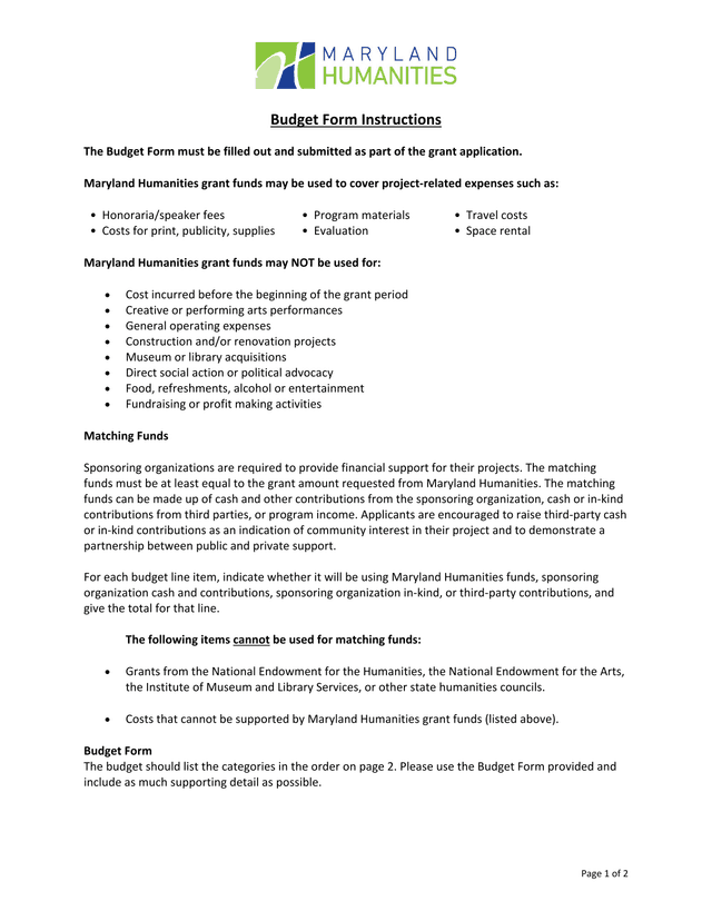 Budget Form Instructions screenshot
