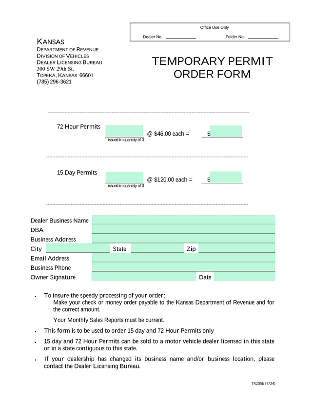 Temporary Permit Order Form screenshot