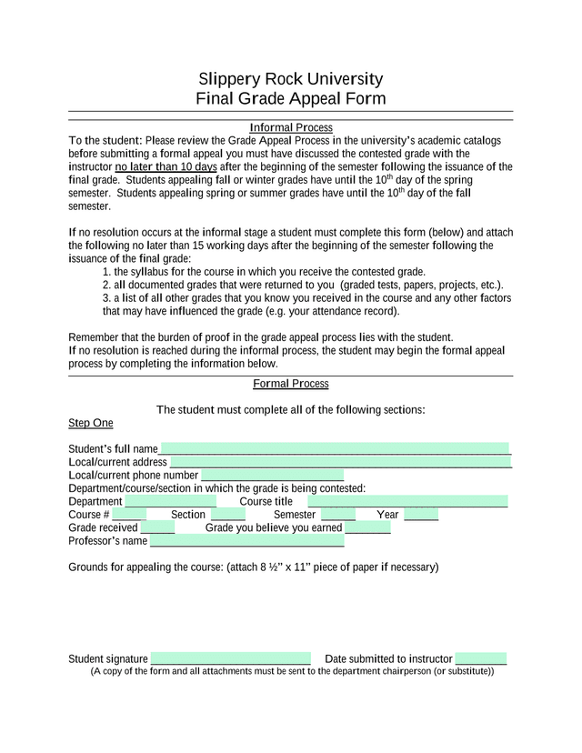 Final Grade Appeal Form screenshot