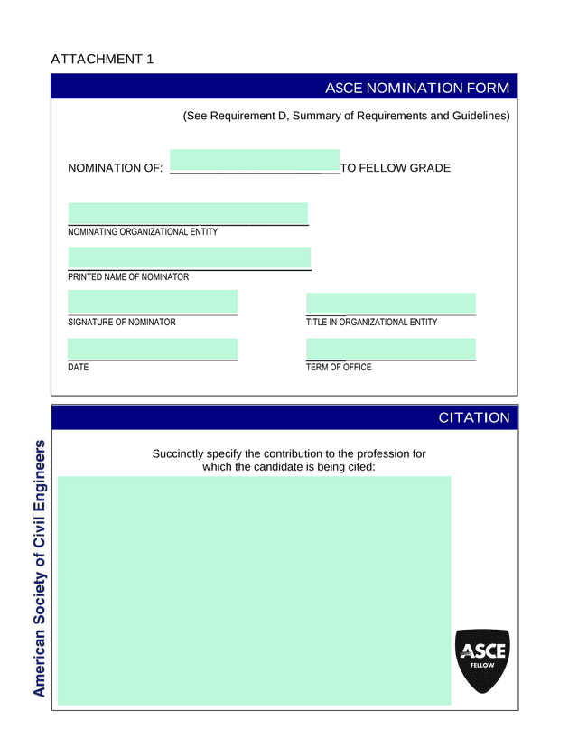 ASCE NOMINATION FORM screenshot