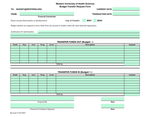 Budget Transfer Request Form screenshot