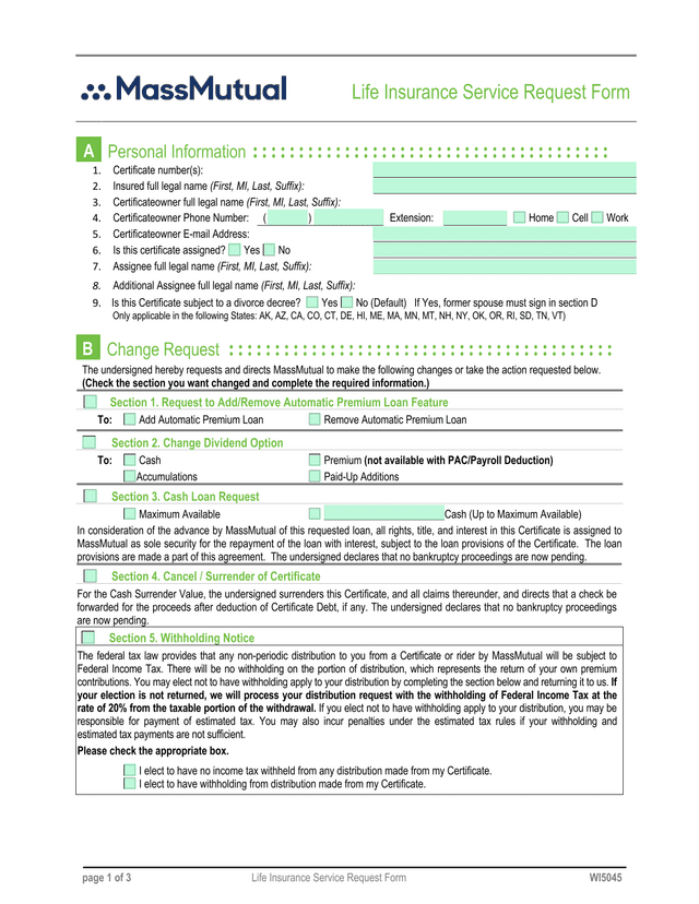 Life Insurance Service Request Form screenshot