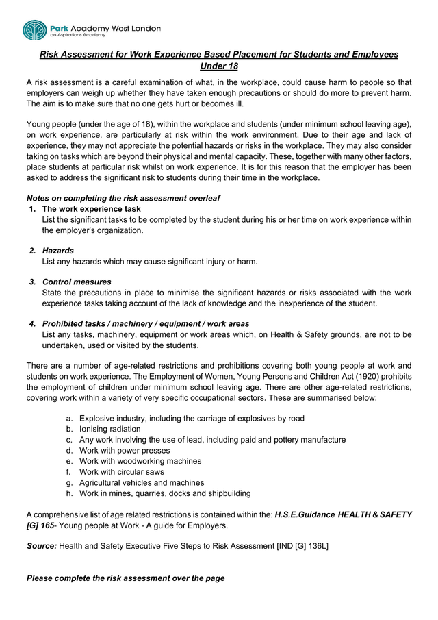 Risk Assessment For Work Experience Based Placement For Students And Employees Under 18 screenshot