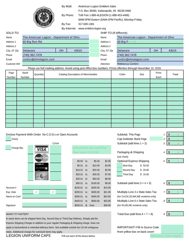 American Legion Emblem Sales Order Form screenshot