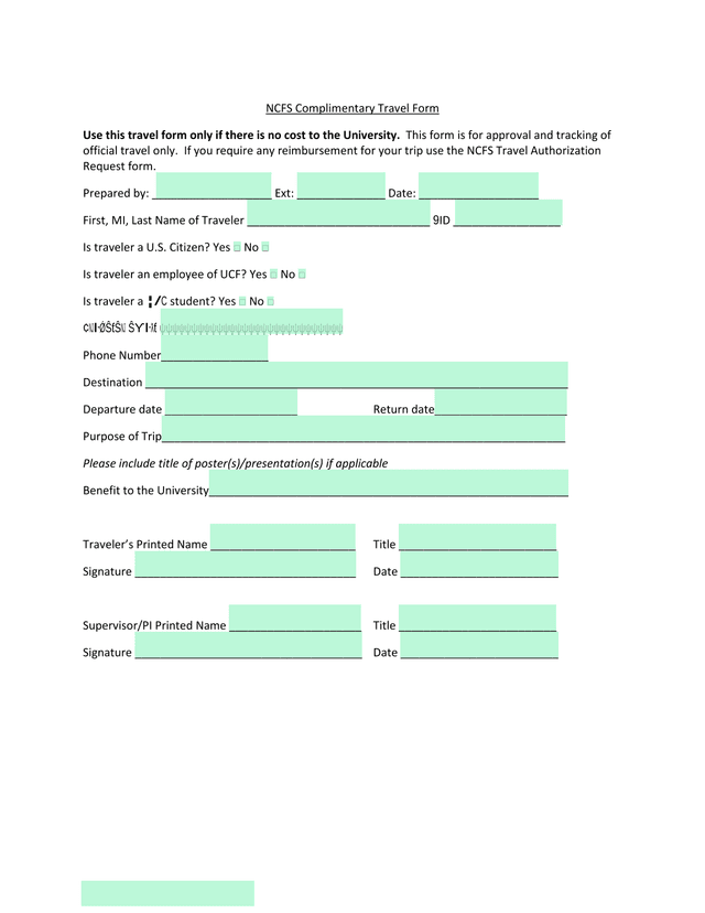 NCFS Complimentary Travel Form screenshot