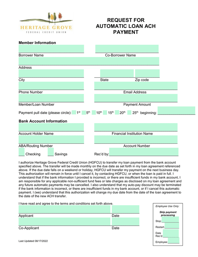 Request For Automatic Loan ACH Payment screenshot