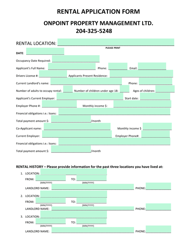Rental Application Form screenshot