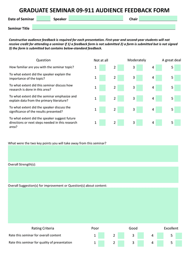GRADUATE SEMINAR 09 911 AUDIENCE FEEDBACK FORM screenshot