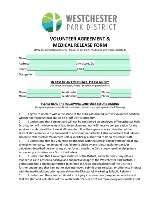 VOLUNTEER AGREEMENT  MEDICAL RELEASE FORM screenshot