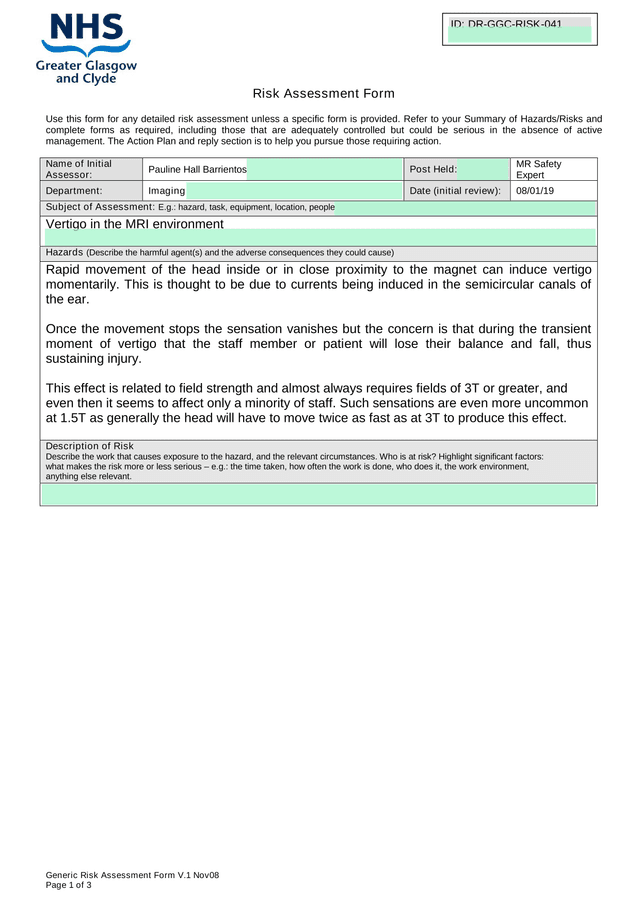 Generic Risk Assessment Form V.1 Nov08 screenshot