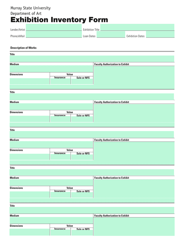 Exhibition Inventory Form screenshot