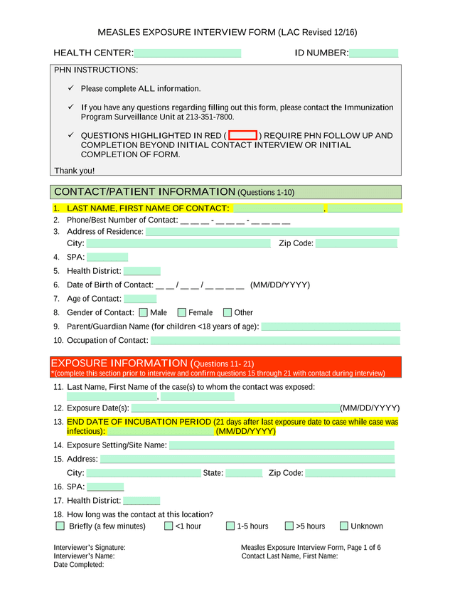 Measles Exposure Interview Form screenshot