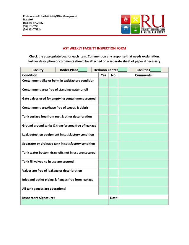 AST WEEKLY FACILITY INSPECTION FORM screenshot