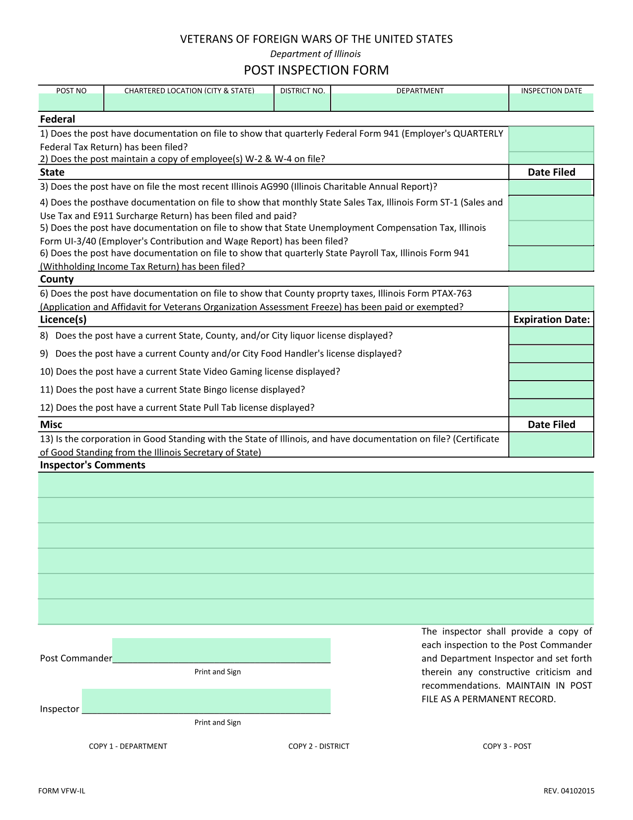Veterans Of Foreign Wars Post Inspection Form screenshot