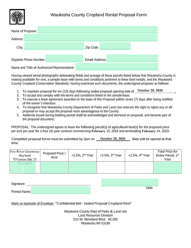 Waukesha County Cropland Rental Proposal Form screenshot