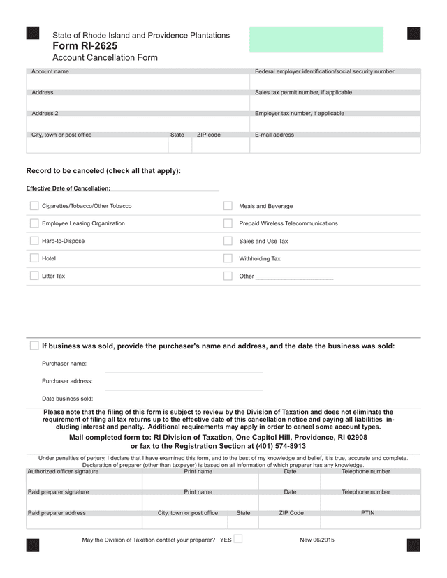 RI 2625 Account Cancellation Form screenshot