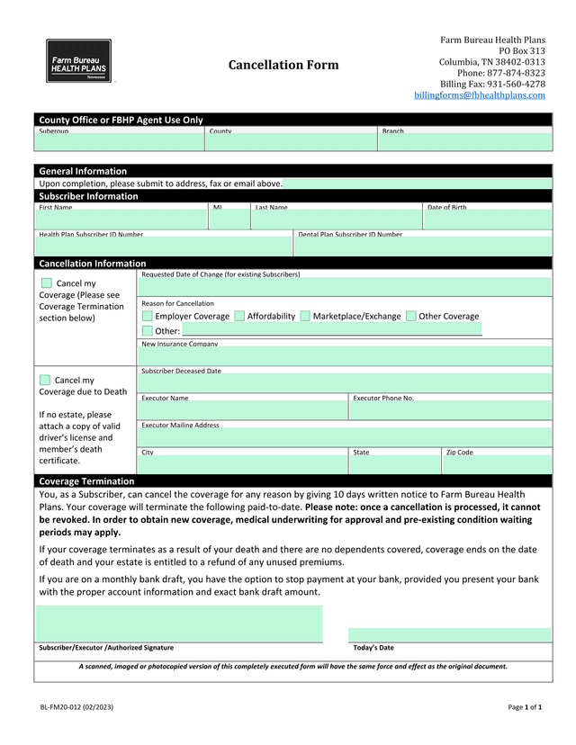 Cancellation Form screenshot