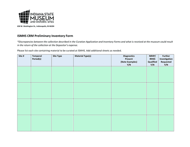 ISMHS CRM Preliminary Inventory Form screenshot