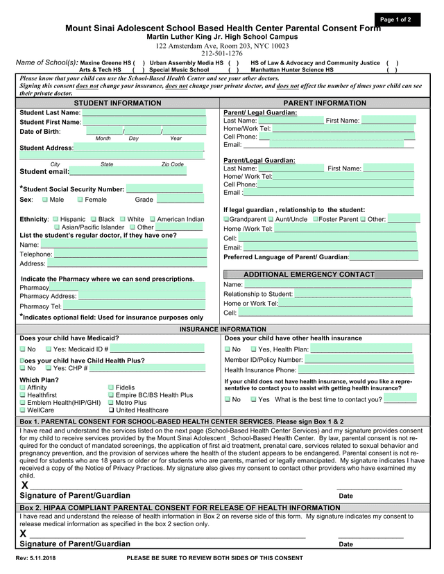 Mount Sinai Adolescent School Based Health Center Parental Consent Form screenshot