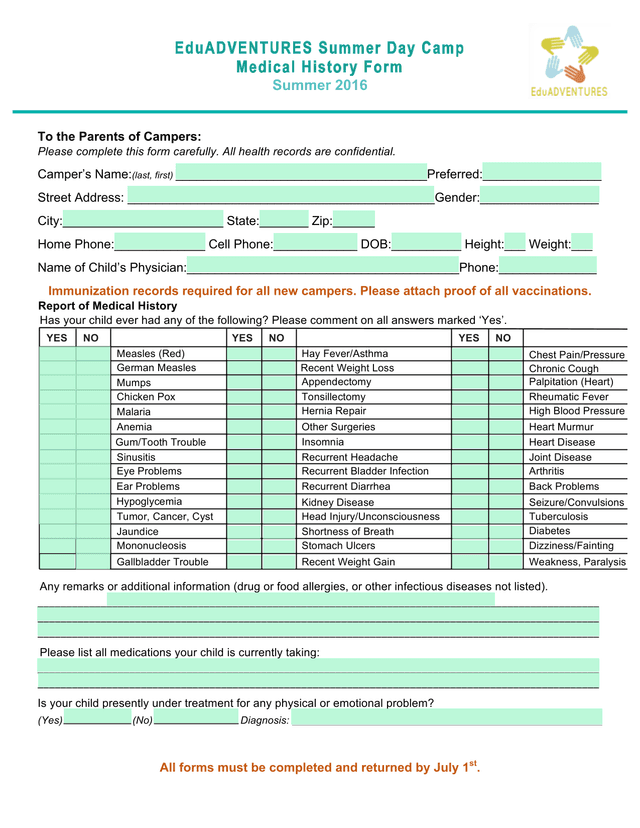 EduADVENTURES Summer Day Camp Medical History Form screenshot