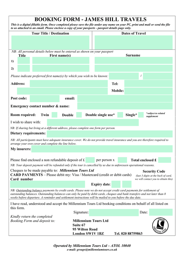 Millennium Tours Ltd Booking Form screenshot