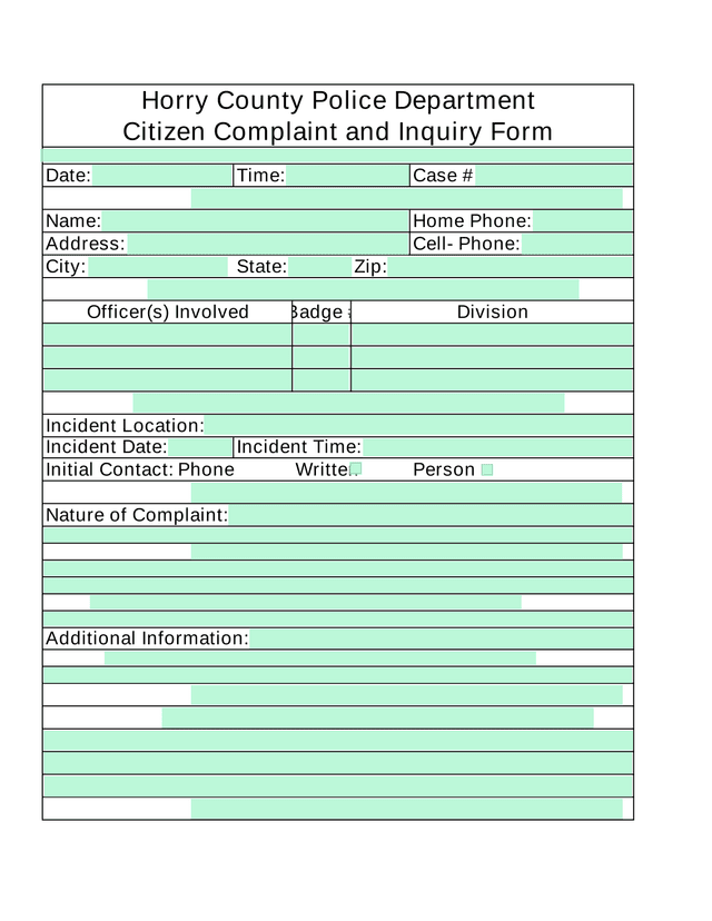 Horry County Police Department Citizen Complaint And Inquiry Form screenshot