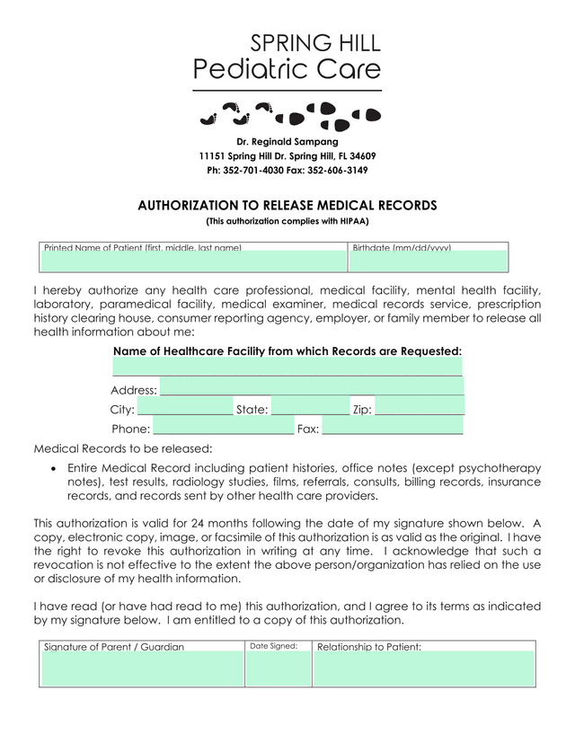 Authorization To Release Medical Records screenshot