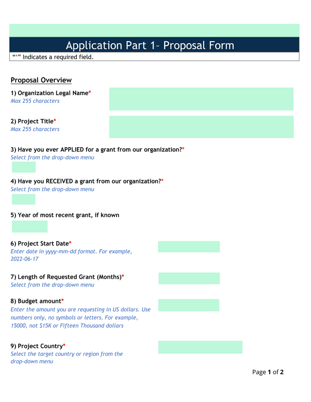 Application Part 1 Proposal Form screenshot