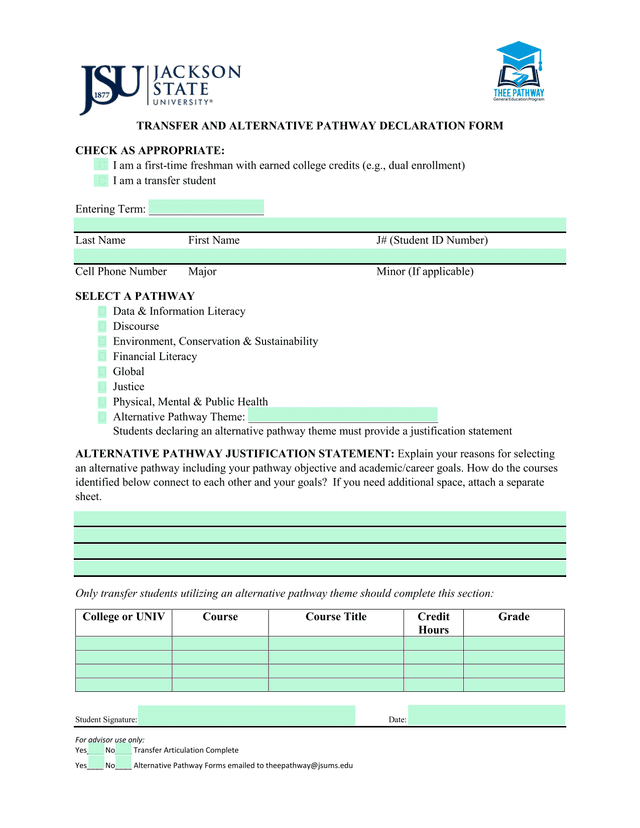 Transfer And Alternative Pathway Declaration Form screenshot