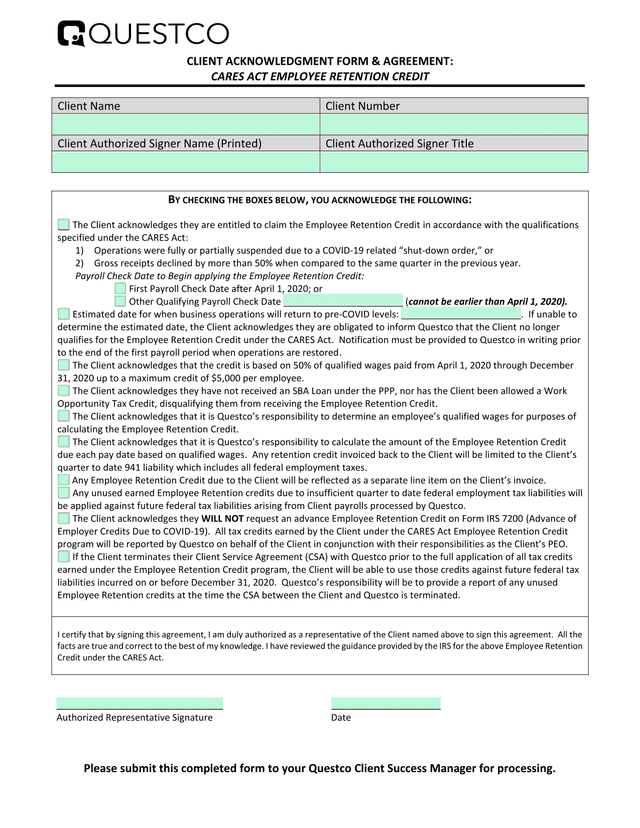 CLIENT ACKNOWLEDGMENT FORM  AGREEMENT CARES ACT EMPLOYEE RETENTION CREDIT screenshot
