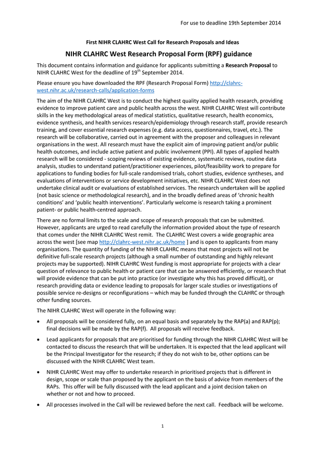 First NIHR CLAHRC West Call For Research Proposals And Ideas screenshot