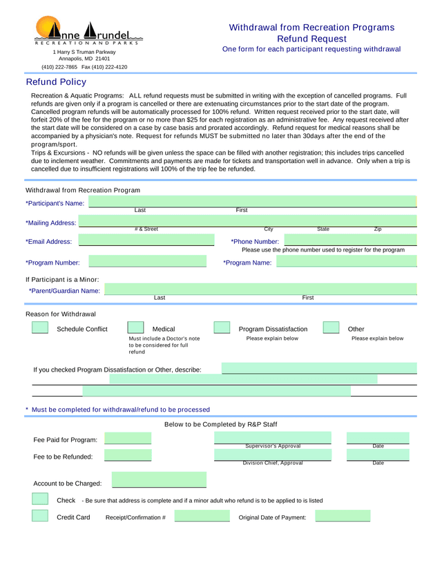 Withdrawal From Recreation Programs Refund Request screenshot