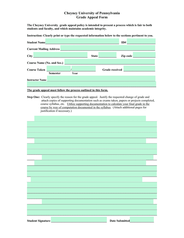 Cheyney University Of Pennsylvania Grade Appeal Form screenshot