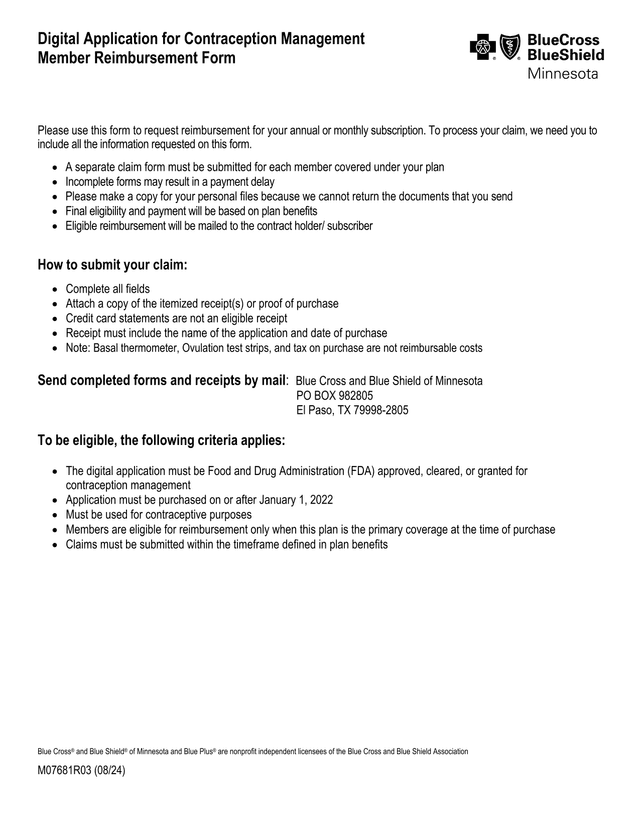 Digital Application For Contraception Management Member Reimbursement Form screenshot