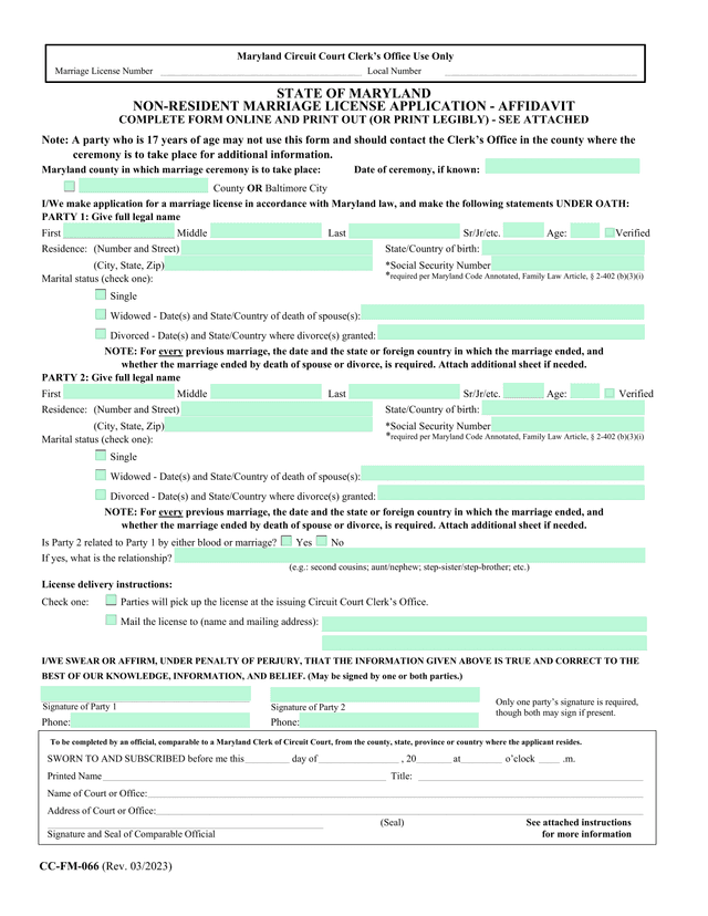 Non Resident Marriage License Application   Affidavit screenshot