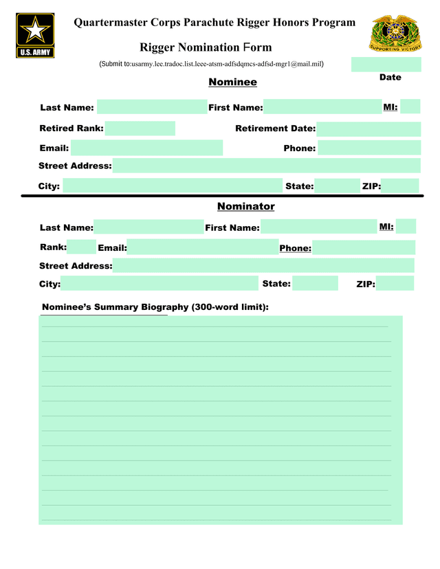 Quartermaster Corps Parachute Rigger Honors Program Rigger Nomination Form screenshot
