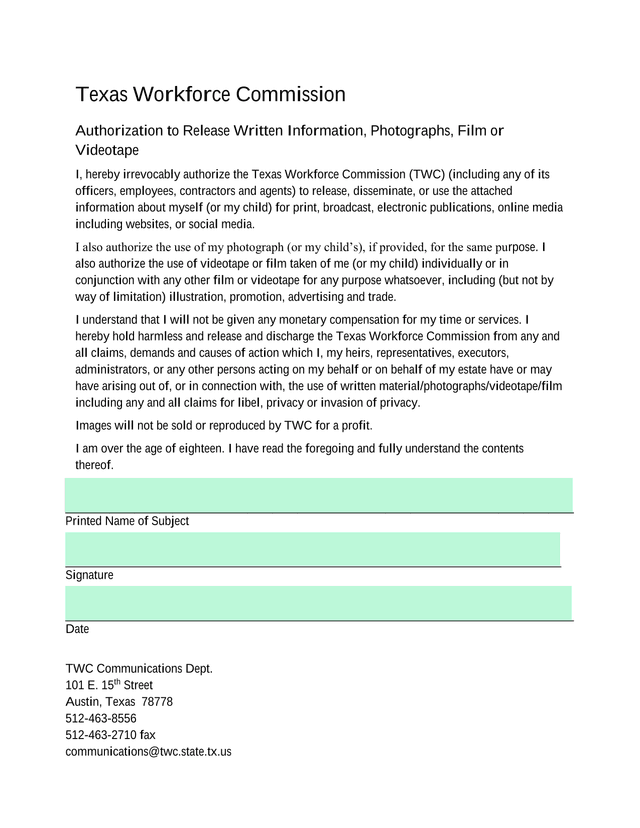 Authorization To Release Written Information, Photographs, Film Or Videotape screenshot