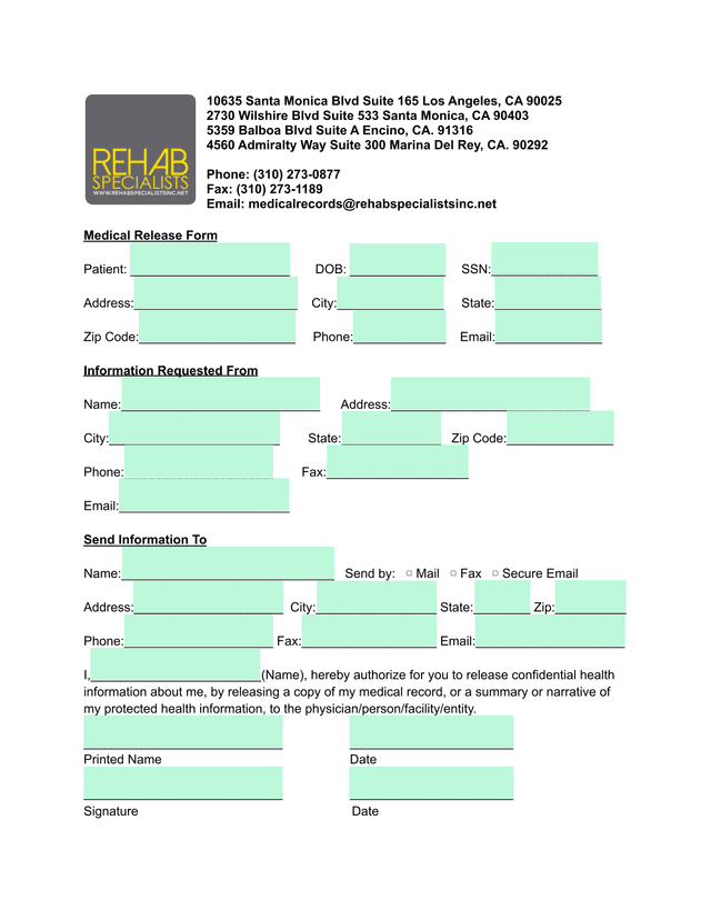 Medical Release Form screenshot
