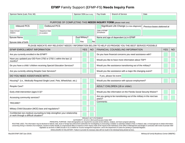 EFMP Family Support (EFMP FS) Needs Inquiry Form screenshot