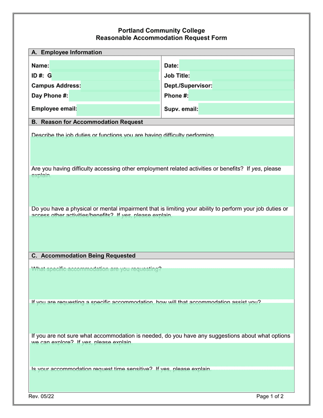 Reasonable Accommodation Request Form screenshot