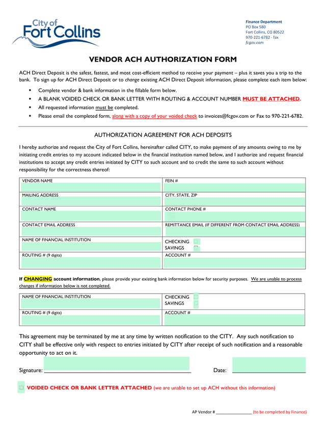 Vendor ACH Authorization Form screenshot