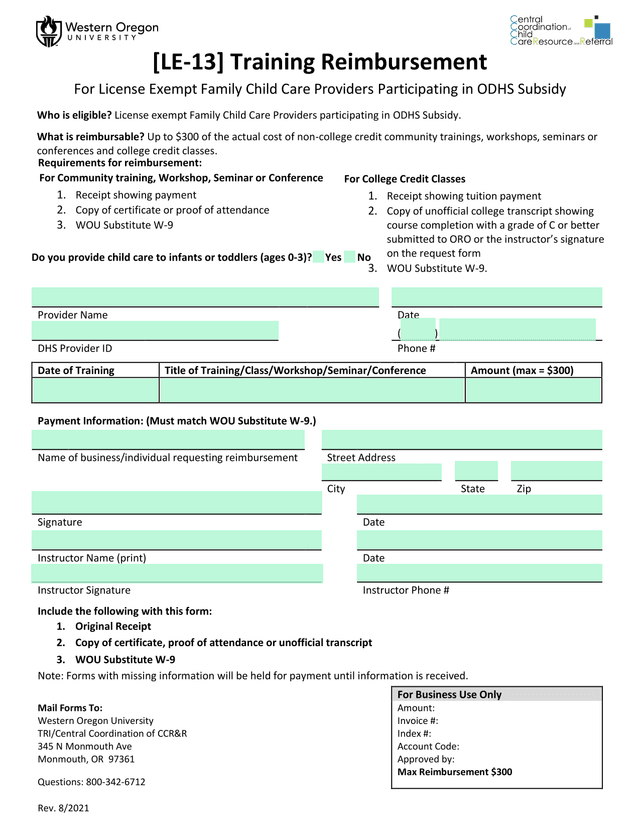 LE 13 Training Reimbursement For License Exempt Family Child Care Providers screenshot