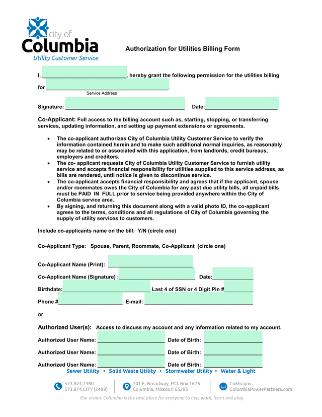 Authorization For Utilities Billing Form screenshot
