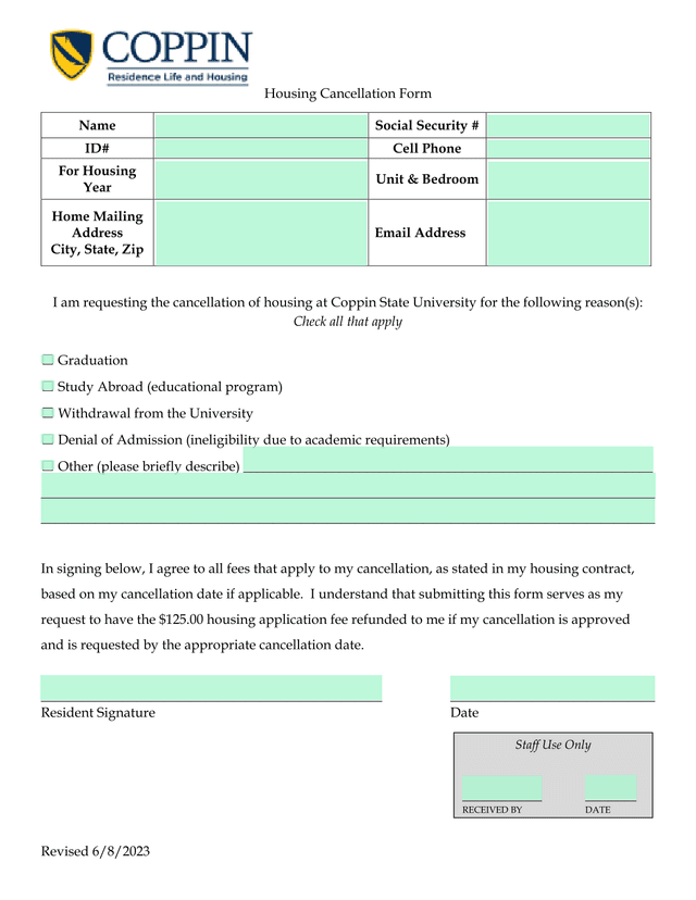 Housing Cancellation Form screenshot
