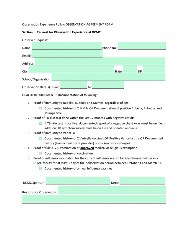 Observation Experience Policy OBSERVATION AGREEMENT FORM screenshot