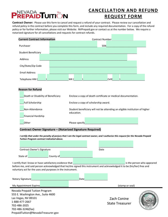 Nevada Prepaid Tuition Program Cancellation And Refund Request Form screenshot